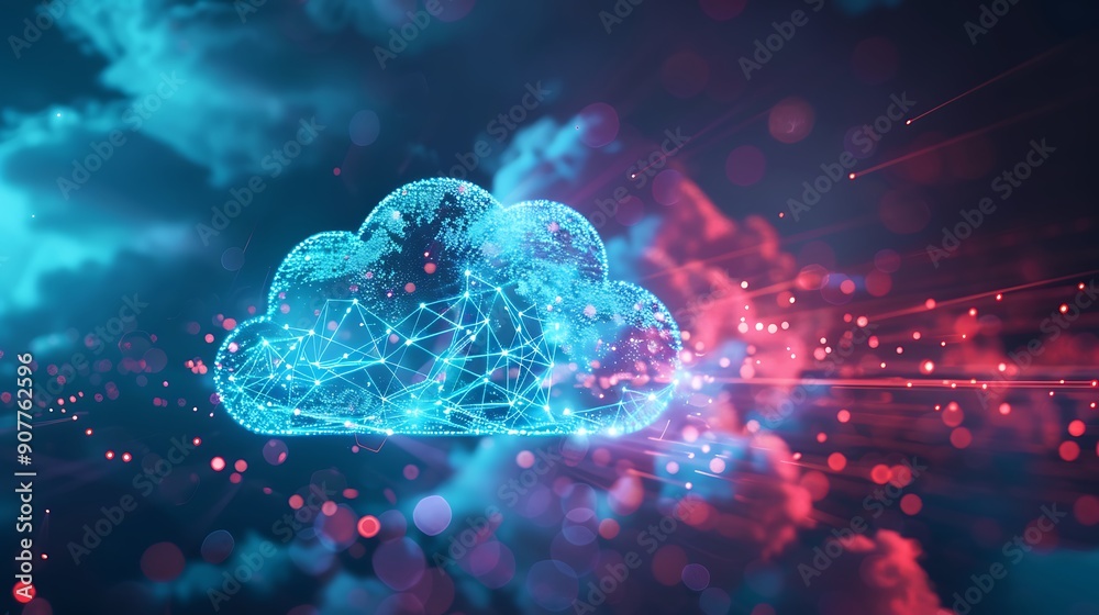 Poster digital cloud computing abstract with network lines and futuristic design.