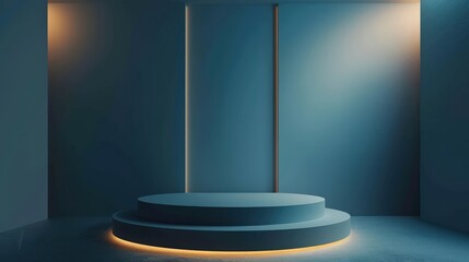 A blue room with a blue pedestal in the center