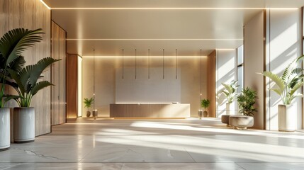 Fototapeta premium A large open lobby with a white wall and a large window