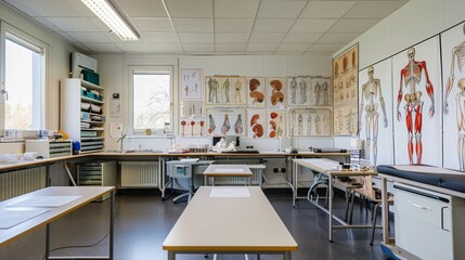 Anatomy Classroom with Desks and Posters.