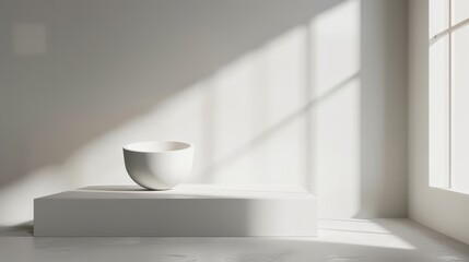 A white bowl sits on a pedestal in a room with a window