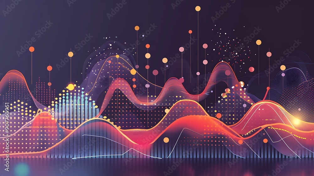 Poster abstract visualization of data with glowing lines and dots on a dark background. a modern representa