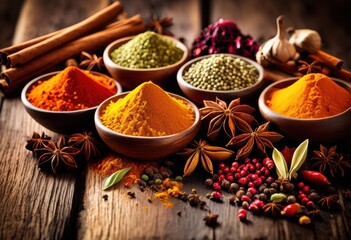 vibrant display colorful spices rustic wooden surface creating appealing culinary aesthetic, herb, aroma, seasoning, texture, ingredient, table, kitchen