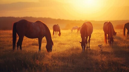 Fototapeta premium A group of horses grazing together in a tranquil pasture, their silhouettes forming a harmonious composition against the golden sunset.