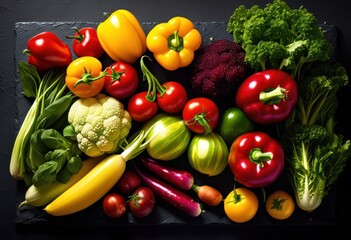 vibrant display freshly harvested vegetables artfully arranged dark slate showcasing variety colors textures, arrangement, colorful, veggies, platter