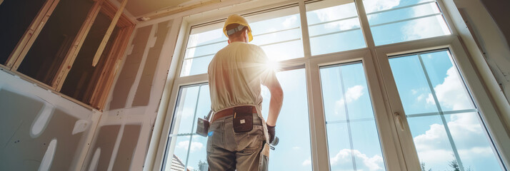 A specialist adjusting a window frame during installation, emphasizing the careful alignment needed.