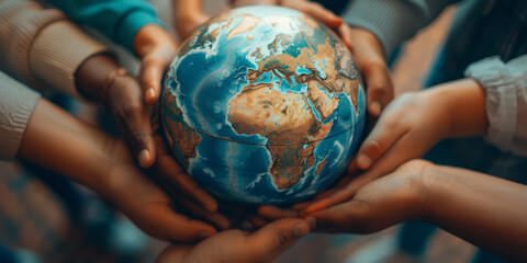 multiple hands from different ethnic backgrounds holding a globe, illustrating the unity in protecting our planet.
