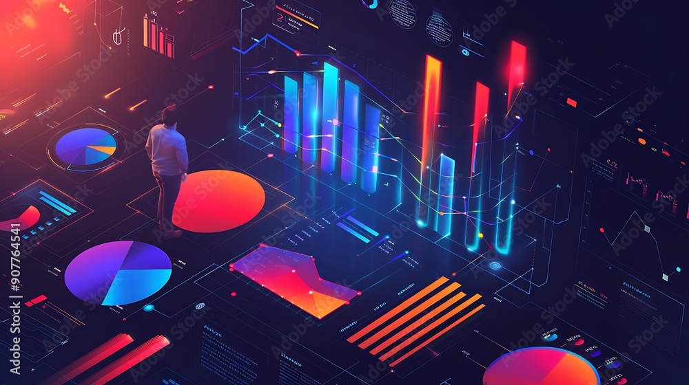 Poster futuristic visualization of a man surrounded by data, charts, and graphs. this image depicts the imp