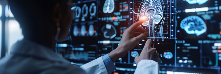 A doctor using a holographic interface to review a patient's brain scan results