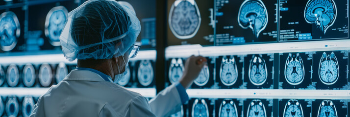 A doctor using a holographic interface to review a patient's brain scan results