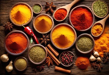 vibrant colorful display various spices natural wood showcasing rich textures diverse colors, herbs, seasonings, ingredients, assortment, variety