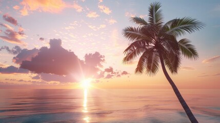 A majestic palm tree sways gently in the sea breeze, its fronds illuminated by the warm glow of a mesmerizing sunset