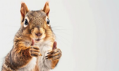 Fototapeta premium Adorable squirrel giving thumbs up, looking directly at the camera. Free copy space for text.