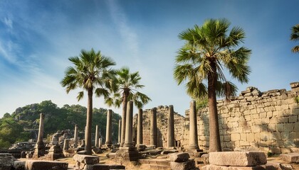 Ancient Guardians Palm trees standing tall amidst ancient ruins, remnants of a lost civilization.