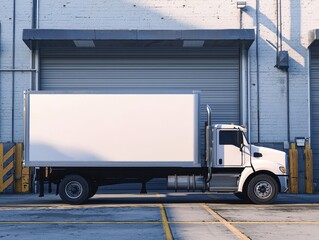 A white cargo truck parked at a loading dock of an industrial building during sunset.  Blank Truck Advertising Mockup.	