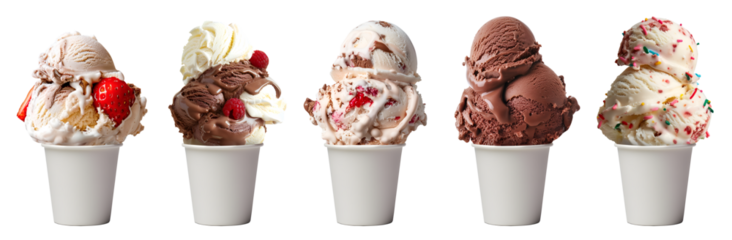Classic flavour Ice cream double triple scoop, on white blank empty takeaway paper cup bowl on transparent background cutout, PNG file. Many different flavour Mockup template for artwork design