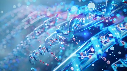 Vibrant abstract rendering of a DNA helix. This intricate structure is illuminated with a sparkling blue light, highlighting the complexity and beauty of genetic code.