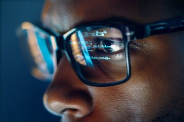 Close-up portrait of a Black male focused programmer in eyeglasses looking at a computer screen and working with big data. The program code is reflected in the glasses. AI concept