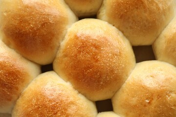 Many delicious dough balls as background, top view