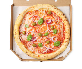 Delicious vegetarian pizza in box isolated on white, top view