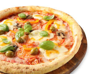 Delicious vegetarian pizza with fresh basil isolated on white