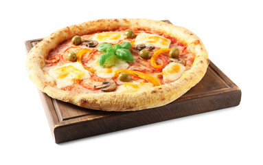 Delicious vegetarian pizza with fresh basil isolated on white