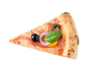 Slice of delicious vegetarian pizza isolated on white, top view