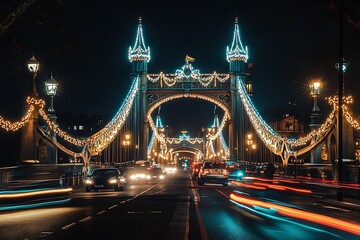 Obraz premium London's Tower Bridge illuminated at night with light trails from passing traffic
