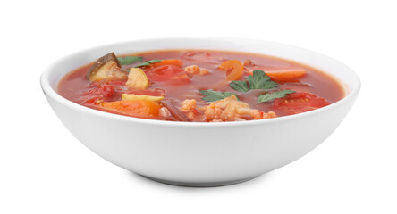 Delicious homemade stew in bowl isolated on white