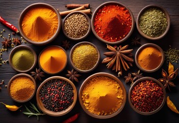 vibrant spice blend displayed deep background showcasing colorful spices textures culinary inspiration, seasoning, herbs, mix, aroma, flavor, natural, food