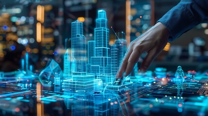 3D model of a city is displayed on a digital screen, with a hand reaching out to touch and interact with the model. This image represents the futuristic vision of cities and technology.