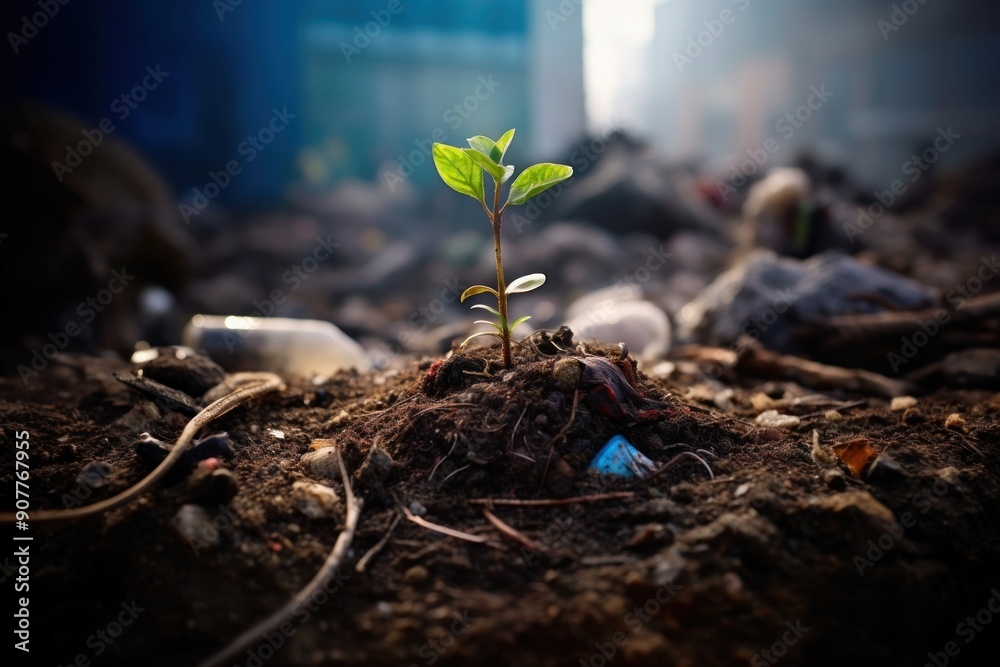 Wall mural dying seedling surrounded by trash plant soil leaf.