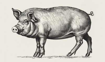 Fototapeta premium Pig, hog, boar. Vintage retro print, black white pig sketch ink pencil style drawing, linear drawing, engrave old school. Sketch artwork silhouette pig, hog, boar. Side view profile. Illustration