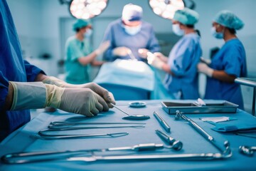 Close-up of surgical tools on a tray with a surgeon in the background in an operating room, under bright lights, concept of surgery and healthcare