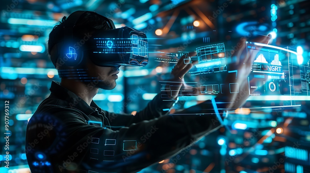 Poster man wearing a vr headset interacts with a digital interface, showcasing the power of virtual reality