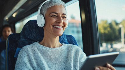 smiling mature woman using tablet and listening to music while commuting on a bus