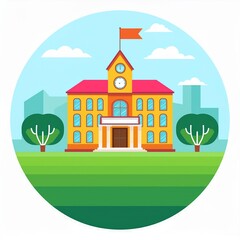 School with a green lawn. Icon. Flat vector illustration isolated on white background.