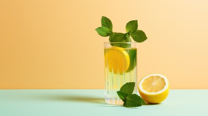 Fototapeta premium A refreshing glass of honey lemon water with a slice of lemon and a sprig of mint