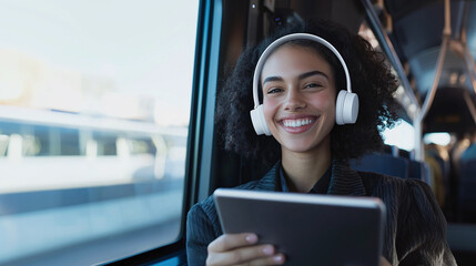 young happy woman using tablet and wearing headphones while commuting on a bus