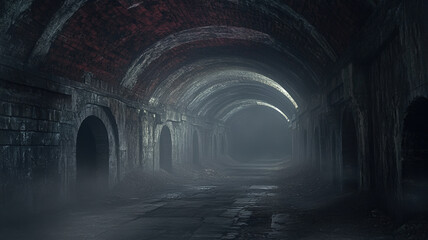underground man-made tunnels decorated with a mysterious facade and detailed patterns, with an eerie, frightening atmosphere through which the fog seeps in, creating a chilling, unsettling effect.