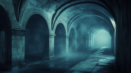 Fototapeta premium underground man-made tunnels decorated with a mysterious facade and detailed patterns, with an eerie, frightening atmosphere through which the fog seeps in, creating a chilling, unsettling effect.