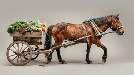 A sturdy brown horse pulling a wooden cart laden with freshly harvested crops, its muscles rippling with strength.