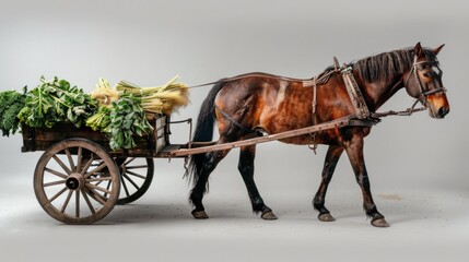 A sturdy brown horse pulling a wooden cart laden with freshly harvested crops, its muscles rippling with strength.