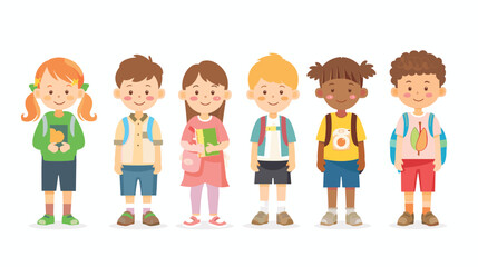 Diverse group cartoon children standing together, smiling kids different ethnicities ready school. Group cute young students backpacks books, boys girls casual clothes. Happy cartoon kids line up