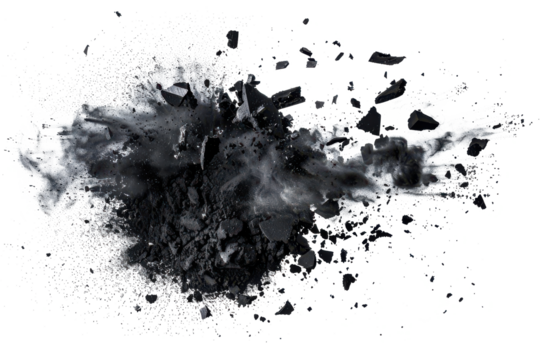 Black chalk pieces and powder flying, explosion effect - Powered by Adobe