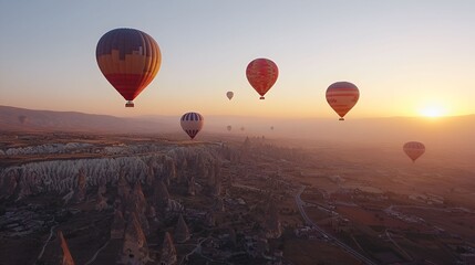 Fototapeta premium Hot air balloons float gracefully over the unique rock formations of Cappadocia at sunrise, creating a breathtaking and surreal landscape. The soft light of dawn adds to the beauty 