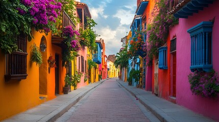 Fototapeta premium A vibrant street lined with colorful houses and blooming flowers creates a picturesque and lively atmosphere. The charming architecture 