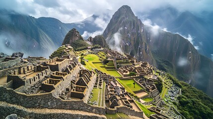 Machu Picchu, the ancient Incan city, is nestled high in the Andes Mountains, surrounded by mist and lush green terraces