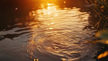 Golden Sunset Reflection on Rippling Water: Serene Lakeshore Scene with Sun Path and Bokeh Effect in Warm Evening Light