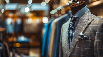Fototapeta premium Rows of Elegant Men's Suits in a Fashionable Clothing Store